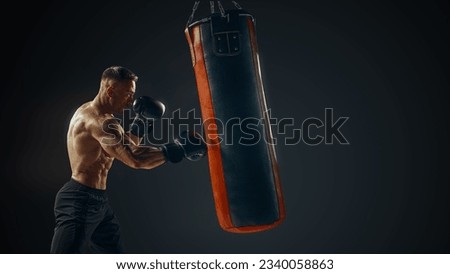Male boxer training with punching bag isolated. Young attractive boxer training on punching bag. Male boxer exercise before fight. Boxer hits punching bag Defence. Royalty-Free Stock Photo #2340058863