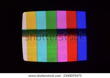 CRT old tube tubular vintage analog tv screen showing rainbow bars, no show no filming picture (calibration mode), TV model tabung lama cathode ray tube (crt)