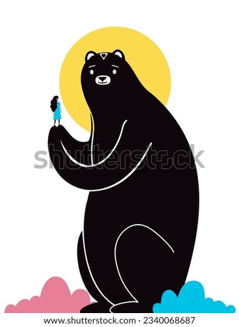 Vector illustration with huge black bear animal, pink and blue clouds, small girl with long hair. Friendship of human and nature concept art, colored wall poster design