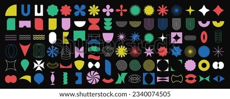 Collection of colorful brutal contemporary elements spiral flower star oval circle and other shapes. Abstract minimal geometric elements shapes and grids set. Brutalist design. Vector illustration