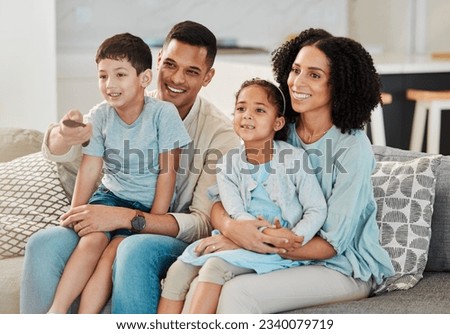Remote, relax or happy family watching tv film, movie or streaming online video, multimedia dvd or cable. Living room sofa, kids cartoon show or home people watch television, series or change channel