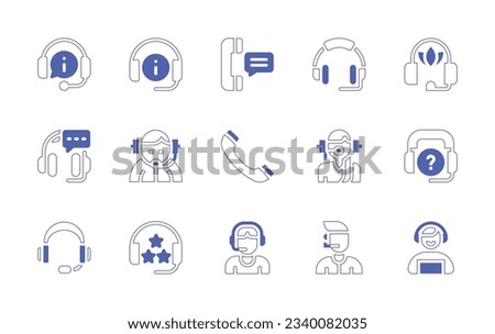 Call center icon set. Duotone style line stroke and bold. Vector illustration. Containing headset, information, telephone, headphone, online support, streamer, phone, telephonist, support, rating.