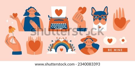 Creative Valentine's Day cliparts. Romantic modern vector illustrations with women, girl holding heart, hand holding flower, french bulldog holding love mail, vintage typewriter with page, rainbow. 