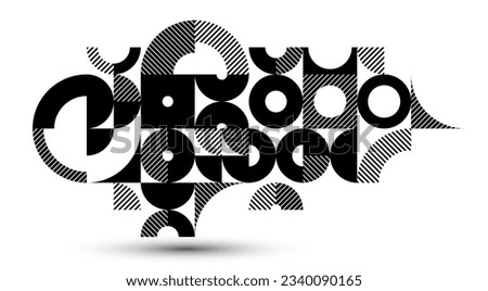 Abstract geometric black and white vector background, modular tiling stripy art with circles and other shapes, monochrome retro style artistic motif isolated.