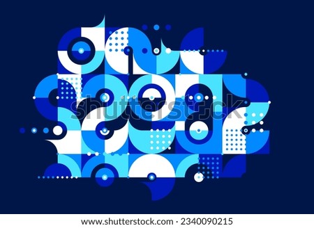 Abstract trendy vector background, modular geometric tiles composition over dark, dotted mosaic with circles and triangles wallpaper.