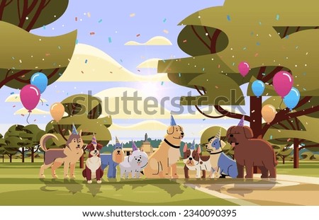 Happy national dog day greeting card various cute doggy posing in hats holiday of domestic animals concept horizontal