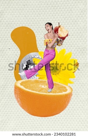 Vertical photo picture illustration collage of young girl dancing holding bite apple orange fruit slice juice isolated on drawn background