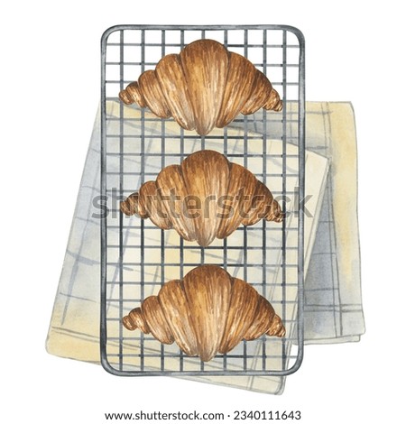 French croissants on the oven grate and napkin. Fresh homemade pastries. Watercolor illustration on a white background. Illustration for menu, cafe, restaurants, recipe book home