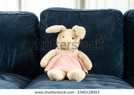Soft fluffy rabbit doll with long ears put on sofa. Easter Bunny on a blue couch in the house. Kid toy.
