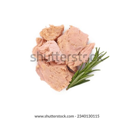 Delicious canned tuna chunks with rosemary isolated on white, top view Royalty-Free Stock Photo #2340130115