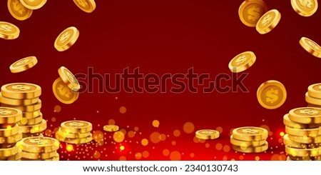 Falling coins, falling money, flying gold coins, golden rain. Jackpot or success concept. Modern background. Vector illustration Royalty-Free Stock Photo #2340130743