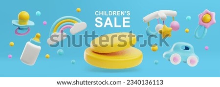 Children s shop sale banner with cute 3d elements, vector illustration on blue background. Toys and accessories for kids and infants - milk bottle, pacifier, toys and baby rattle.