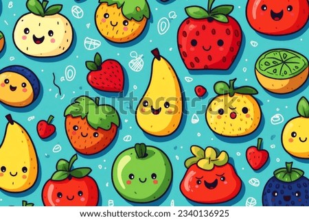 Happy fruits in a cute cartoon collectionw with a pastel background