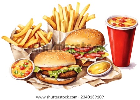 Watercolor fast food clip art on white background