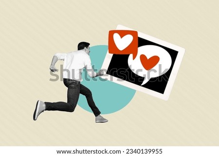 Collage art picture advertisement running guy click like match tinder app find his love second part isolated on painting background Royalty-Free Stock Photo #2340139955