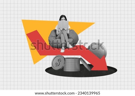 Composite abstract photo collage of shy girl sit on bean bag read book about financial education isolated on creative checked background