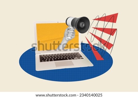 Creative artwork picture collage of hand holding bullhorn megaphone announce news laptop screen media isolated over white background Royalty-Free Stock Photo #2340140025