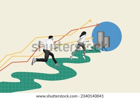 Photo collage business people competition run way to success together promotion stack coins growing salary isolated over drawn background
