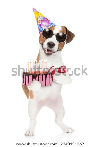 Jack russell terrier puppy wearing sunglasses and party hat holds gift box and birthday cake with lot of candle and looks at camera. isolated on white background