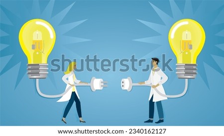 Doctors, scientists or nurses starting to collaborate about an idea. Connecting lightbulbs. Dimension 16:9. Vector illustration.