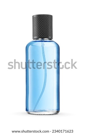 Elegant transparent bottle of blue cylindrical perfume with black lid isolated on a white background. Royalty-Free Stock Photo #2340171623