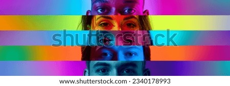 Focused and concentrarted views. Cropped male and female different eyes placed on colored narrow stripes, lines. Concept of human emotions, facial expressions. Horizontal banner with copy space for ad
