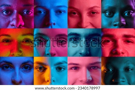 Beauty of each of us. Close-up. Cropped male and female faces, eyes looking at camera over colorful neon lights. Concept of human emotions, mood, facial expressions, fashion