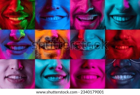 Collage with close up male and female faces, noses and smiling broadly mouths over multicolor studio background in neon light. Emotions, mood and facial expressions concept.