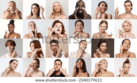 Collage. Men and women of different age and nationality taking care after skin condition with cosmetics. Concept of skincare, natural beauty, plastic surgery, cosmetology, cosmetics, ad Royalty-Free Stock Photo #2340179613