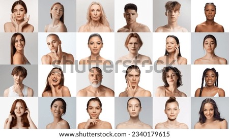 Collage made of beautiful people, men and women of different age and nationality over grey and white background. Concept of skincare, natural beauty, plastic surgery, cosmetology, cosmetics, ad Royalty-Free Stock Photo #2340179615
