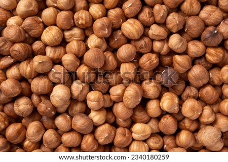 Hazelnuts harvest. Filbert photo wallpaper. Full frame of hazel. Cobnut background. Peeled brown nut kernels. Healthy organic bio products. Vegetarian, vegan and raw food. Back to nature. Healthy fat Royalty-Free Stock Photo #2340180259