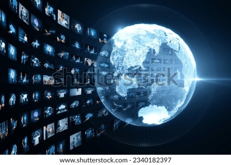 Creative glowing polygonal globe with rows of images on dark background. Connecting businesspeople, video conference concept Royalty-Free Stock Photo #2340182397