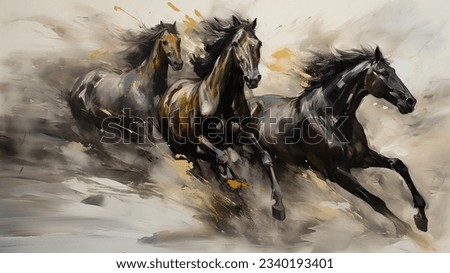 Modern painting, abstract, metal elements, texture background, animals, horses,
