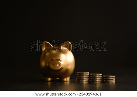Luxury golden pig money box on black background. concept of big savings finance.