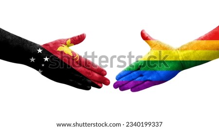 Handshake between LGBT and Papua New Guinea flags painted on hands, isolated transparent image.