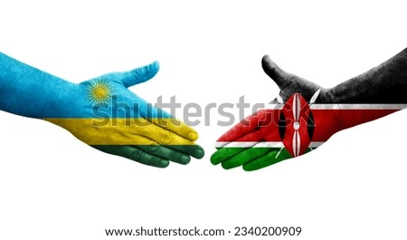 Handshake between Kenya and Rwanda flags painted on hands, isolated transparent image.