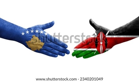 Handshake between Kenya and Kosovo flags painted on hands, isolated transparent image.