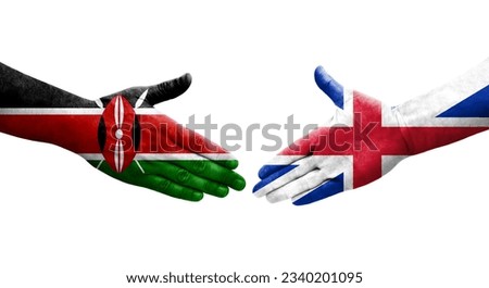 Handshake between Great Britain and Kenya flags painted on hands, isolated transparent image.