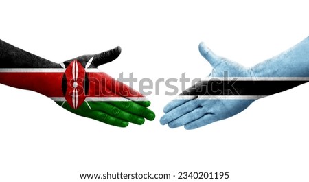 Handshake between Botswana and Kenya flags painted on hands, isolated transparent image.