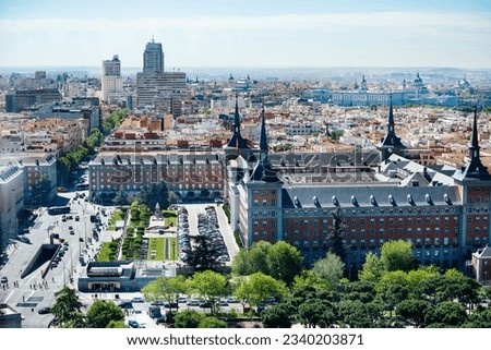 Panorama of Madrid city with General Headquarters of the Air Space Force on calle de la Princesa street
