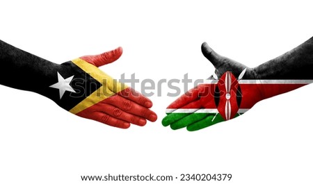 Handshake between Kenya and Timor Leste flags painted on hands, isolated transparent image.