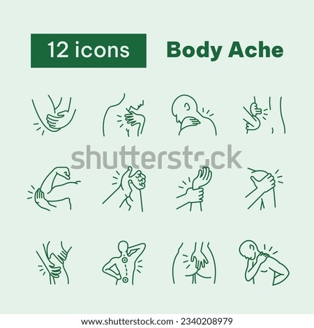 Body Ache, outline, hand pain, shoulder, neck, hip, wrist, palm, elbow, knee, back, rib, and wrist joint, spine Royalty-Free Stock Photo #2340208979
