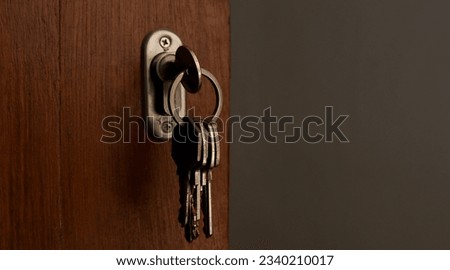 several metal keys hanging on a wooden door. Royalty-Free Stock Photo #2340210017