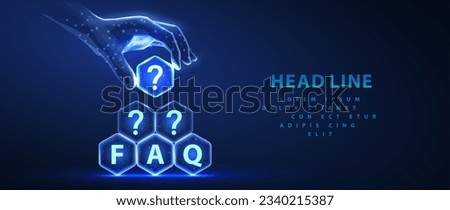 FAQ letters and question marks on hexagons made a pyramid and hand hold the top element. Digital communication, automatic answer, FAQ optimization, online help, AI problem solving innovation concept Royalty-Free Stock Photo #2340215387