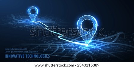 GPS. Abstract vector two pin icon on blue city map with white line connection. Transportation delivery, map location, transport logistic, tourism navigate, route path concept. Gps point navigation Royalty-Free Stock Photo #2340215389