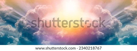 Sun heaven God yellow amazing beautiful shining with sunrise behind super nova light awesome clouds on warm bright day nature  purple violet sunray sunbeam full color. Royalty-Free Stock Photo #2340218767