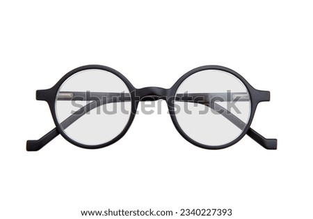 Black round frame eyeglasses, Myopia, presbyopia eye glasses isolated cutout on white background, 