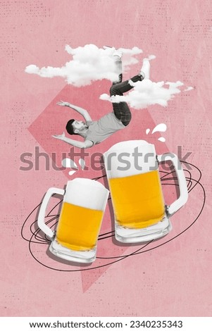 Drawing collage poster banner of funky guy fall huge mug tasty beer festival occasion isolated on retro pop background