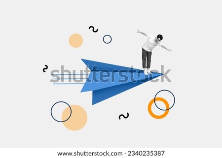 Composite creative illustration photo collage of terrified man standing on flying fast paper plane isolated white color background