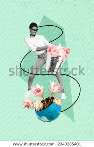 Collage sketch image of purposeful lady guy cleaning earth isolated green color background